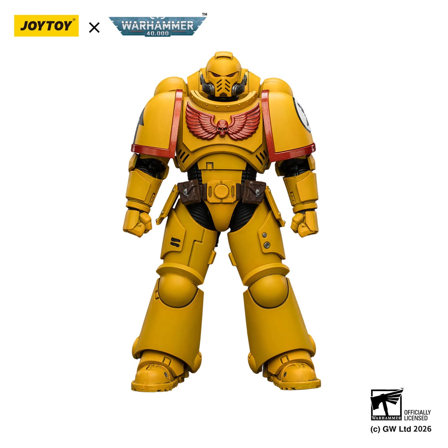 Toy figure in yellow armor with Joytoy and Warhammer branding on a white background