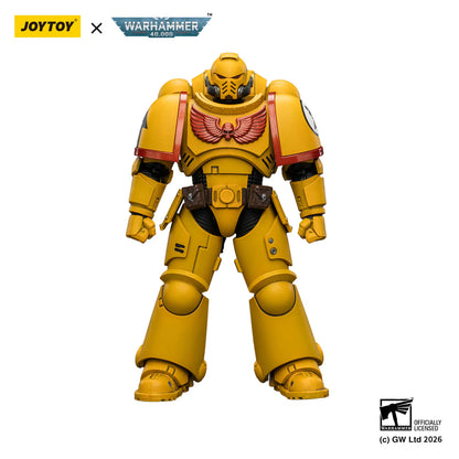 Toy figure in yellow armor with Joytoy and Warhammer branding on a white background