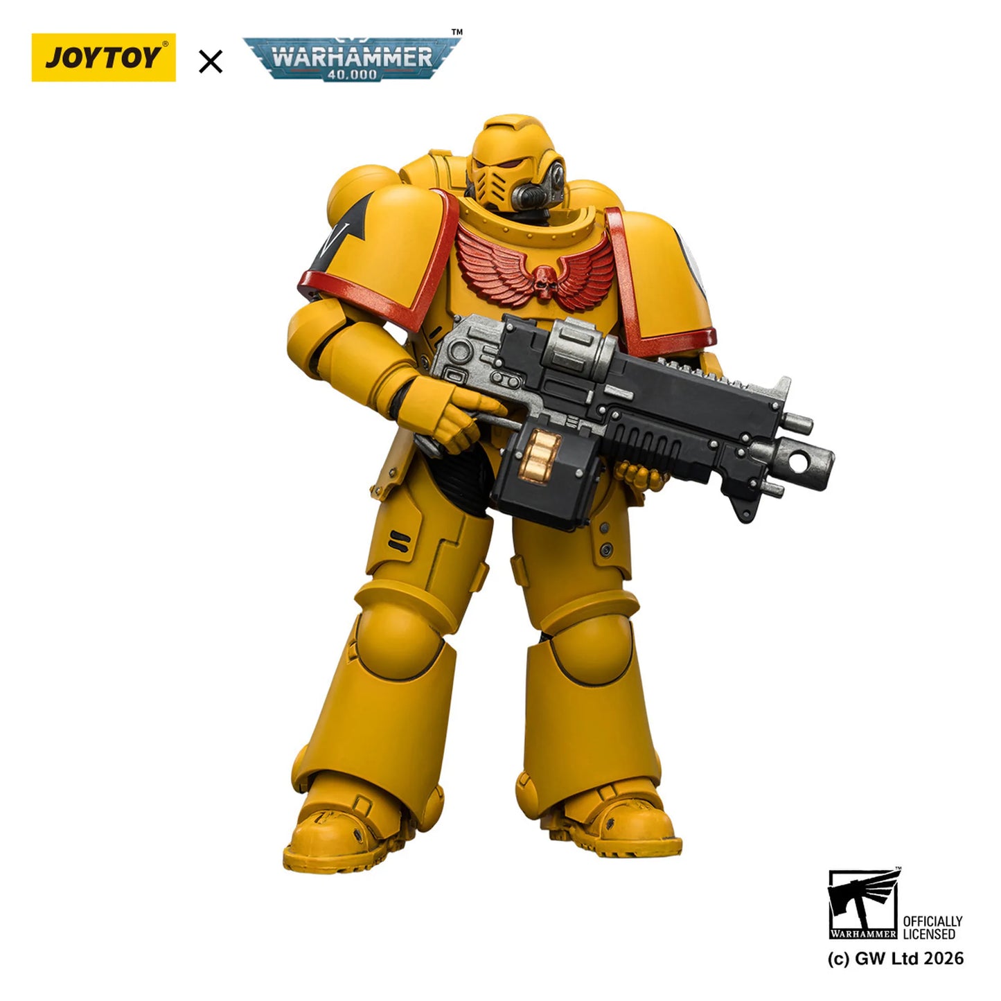 Toy figure in yellow armor with a weapon, branded with Joytoy and Warhammer on a white background.