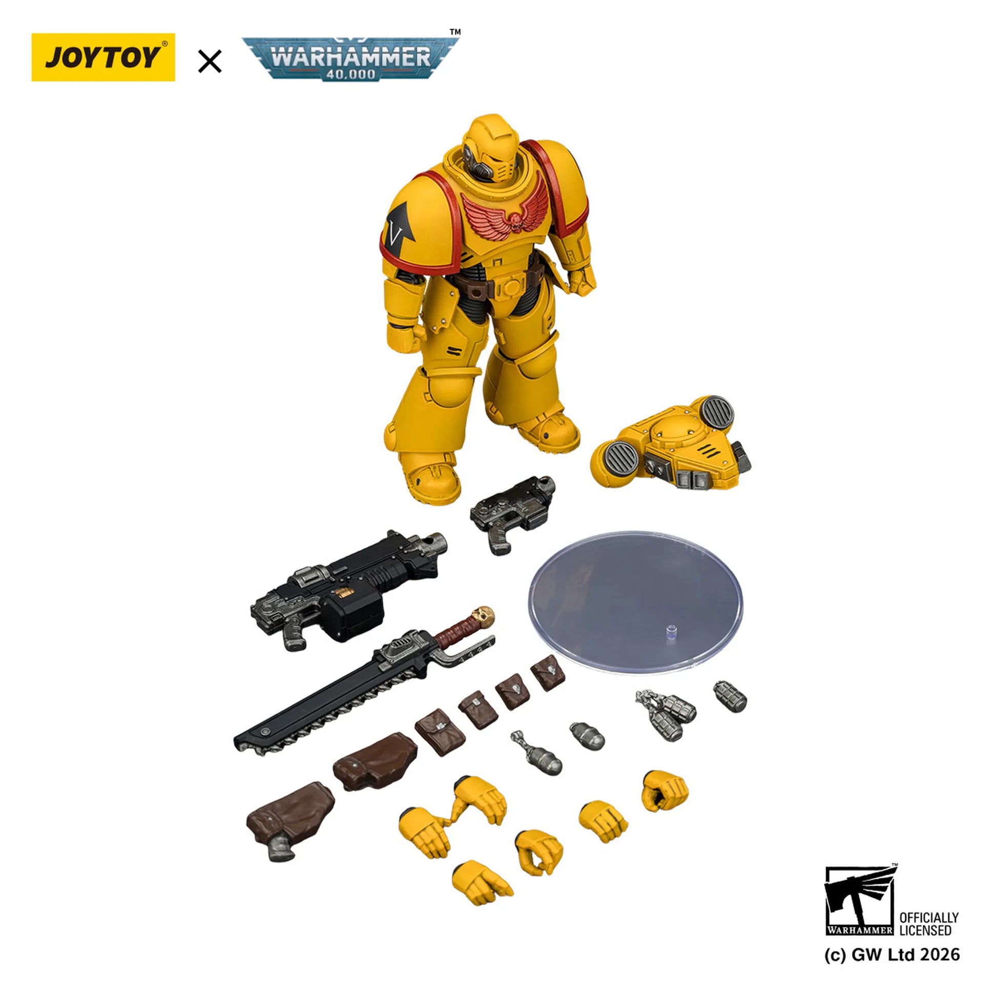 Toy figure with accessories on a white background, featuring Joytoy and Warhammer branding.