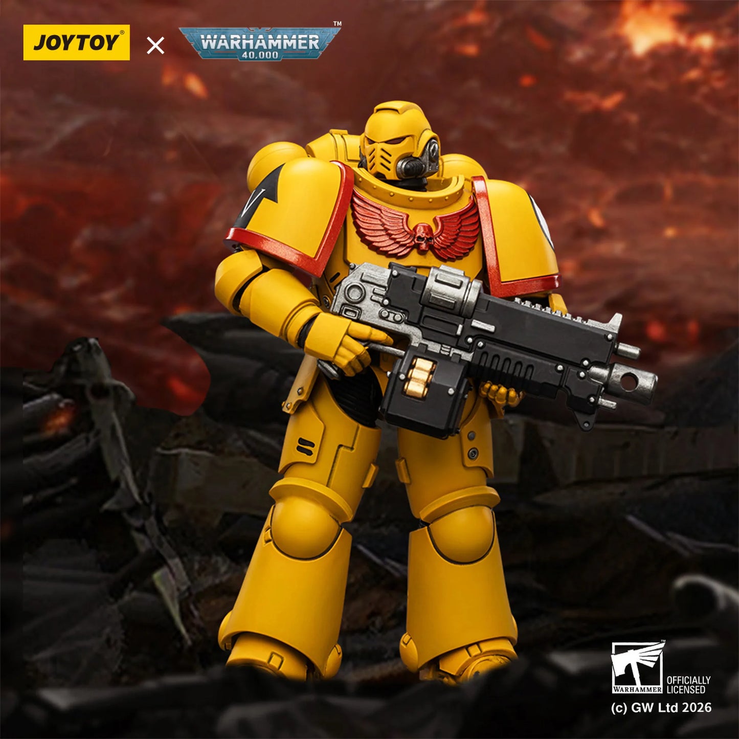 Yellow action figure with a weapon in front of a fiery background, featuring JoyToy and Warhammer branding.