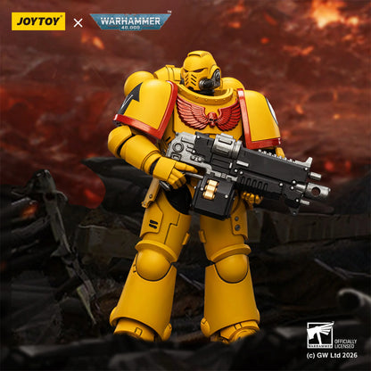 Yellow action figure with a weapon in front of a fiery background, featuring JoyToy and Warhammer branding.
