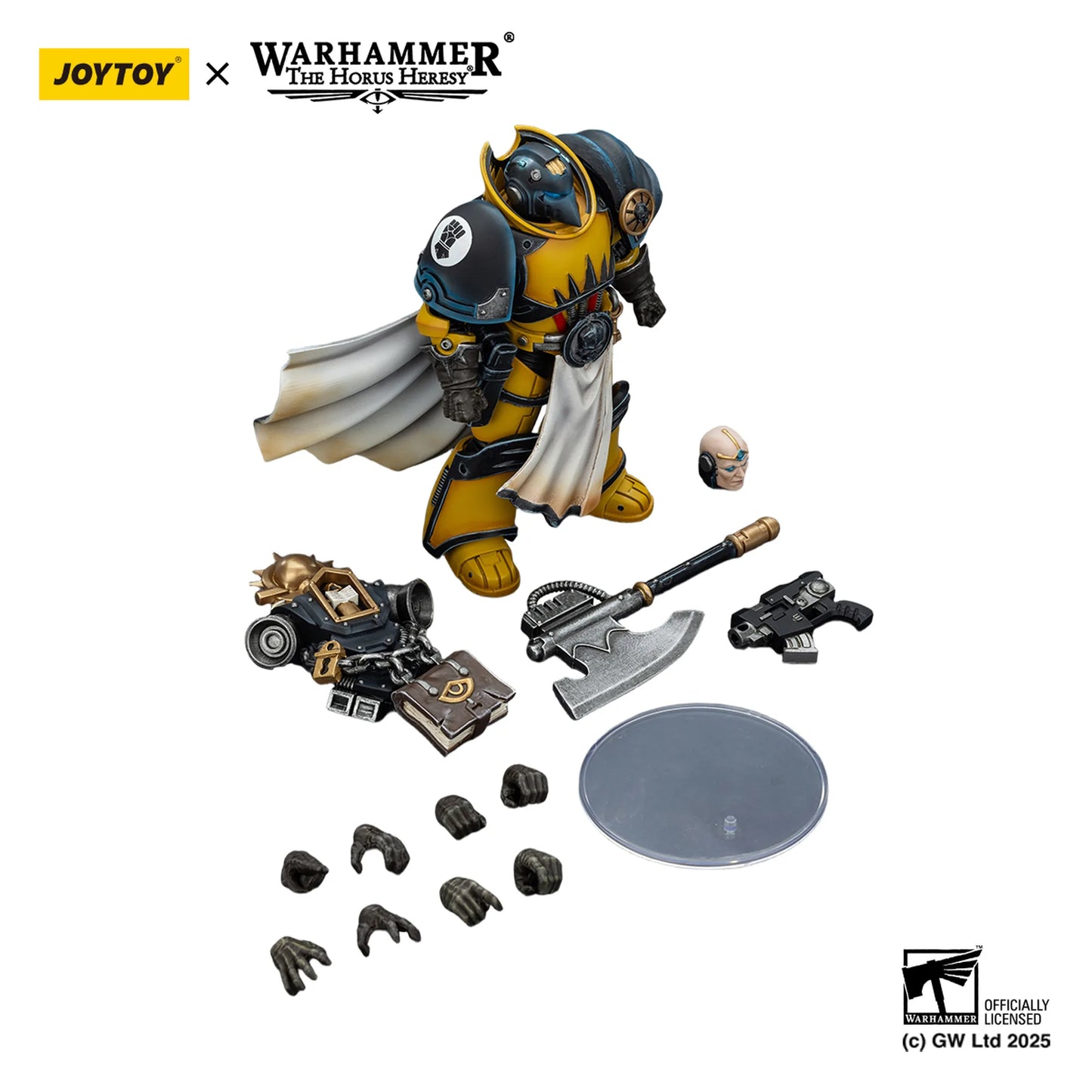 Warhammer figurine set with accessories on a white background, featuring Joytoy and Games Workshop logos.