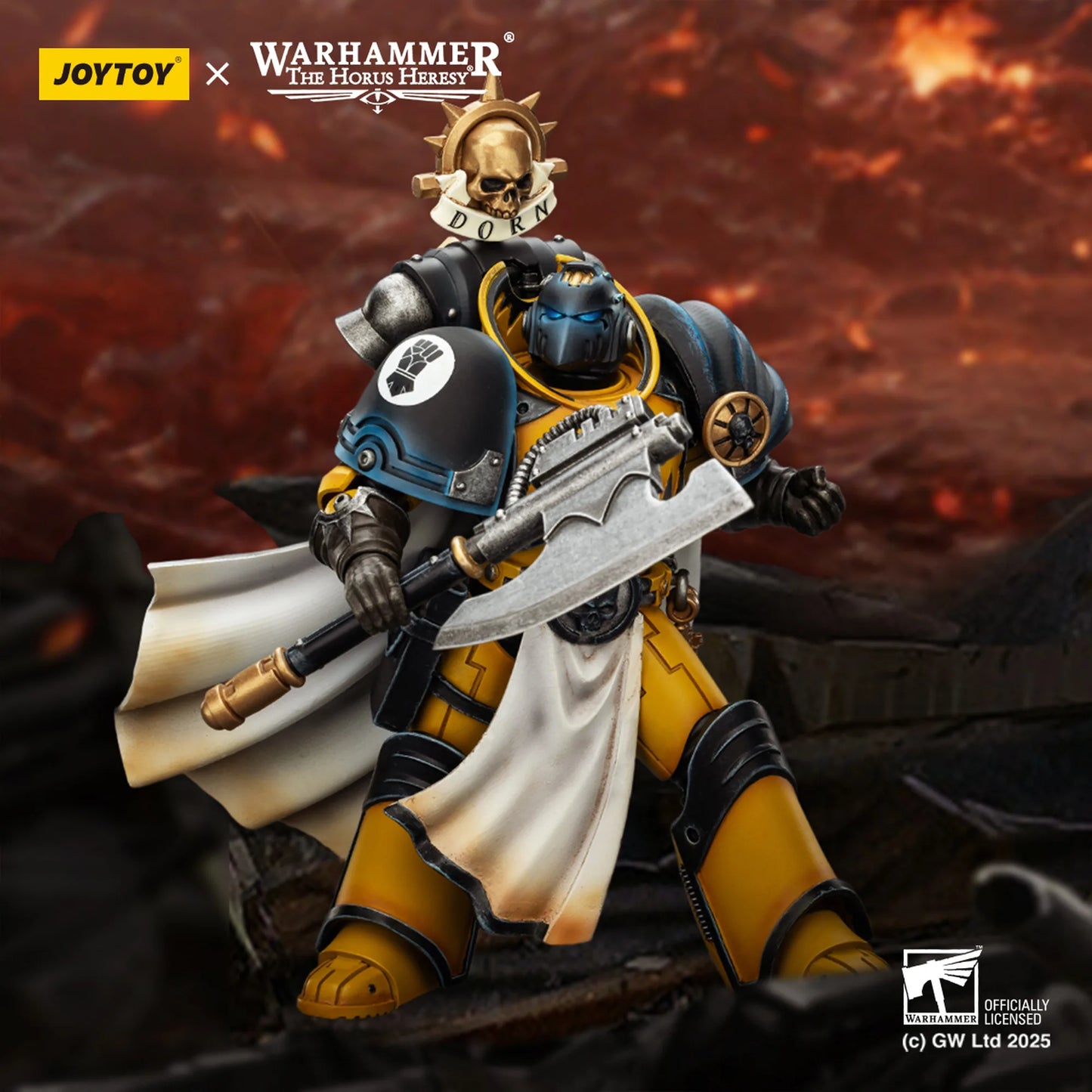 Warhammer figurine with armor and weapon against a fiery background, featuring Joytoy and Games Workshop logos.