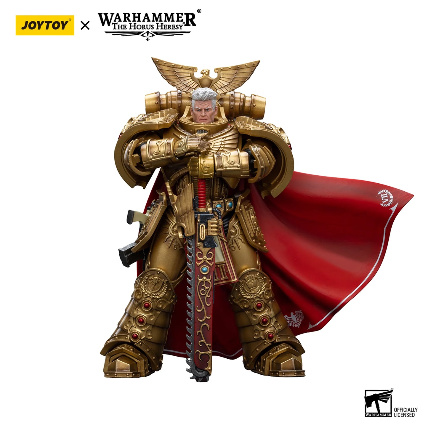 Warhammer figurine with gold armor and red cape on a white background, featuring Joytoy and Warhammer logos.