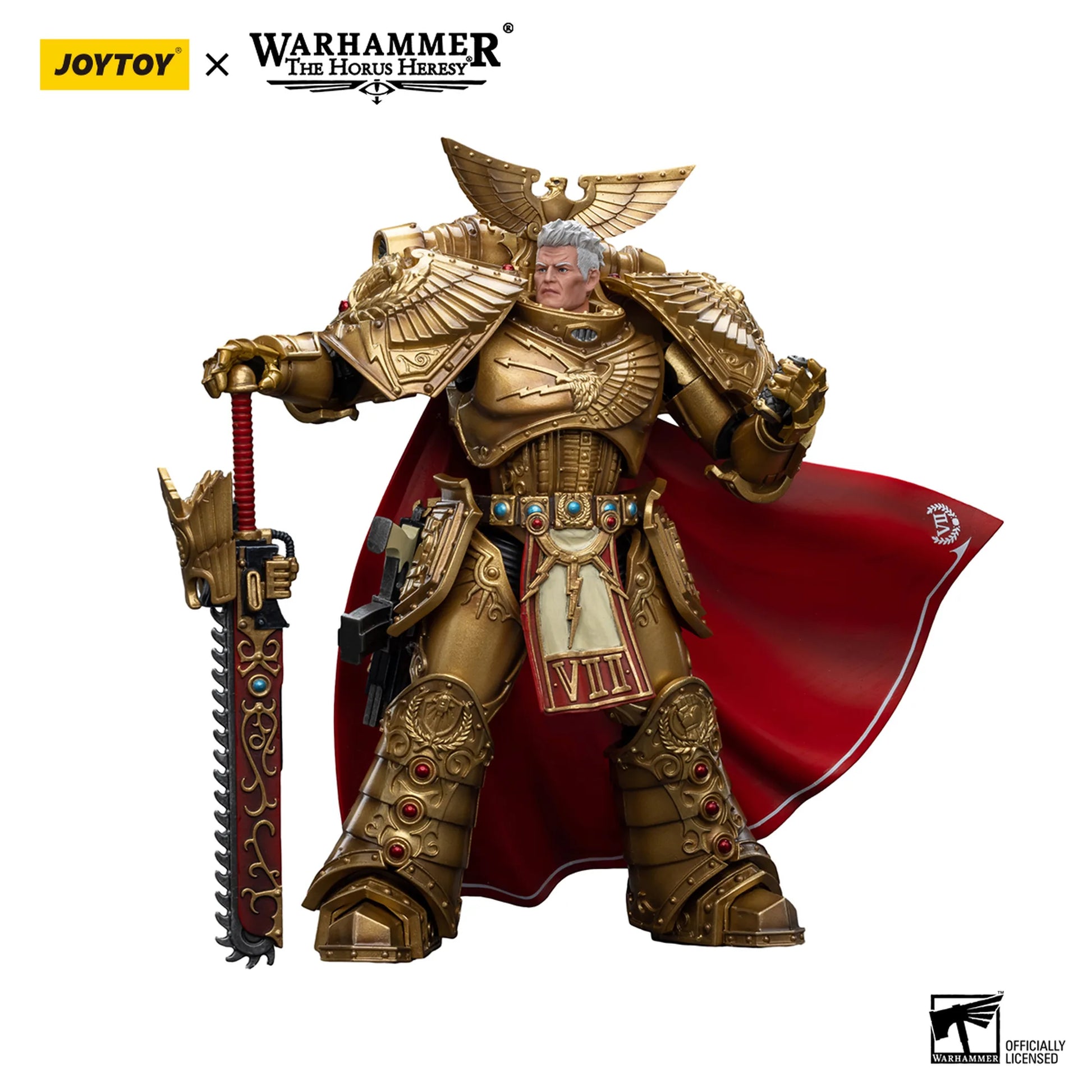Warhammer figurine with gold armor and red cape, holding a weapon, on a white background with JoyToy and Warhammer branding.