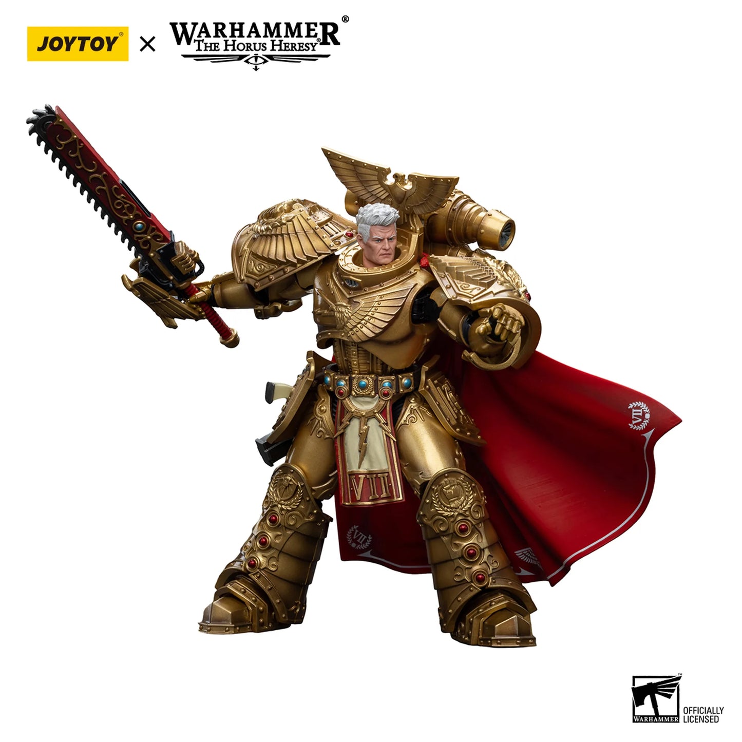 Warhammer figurine with gold armor and red cape holding a weapon, branded with JoyToy and Warhammer.