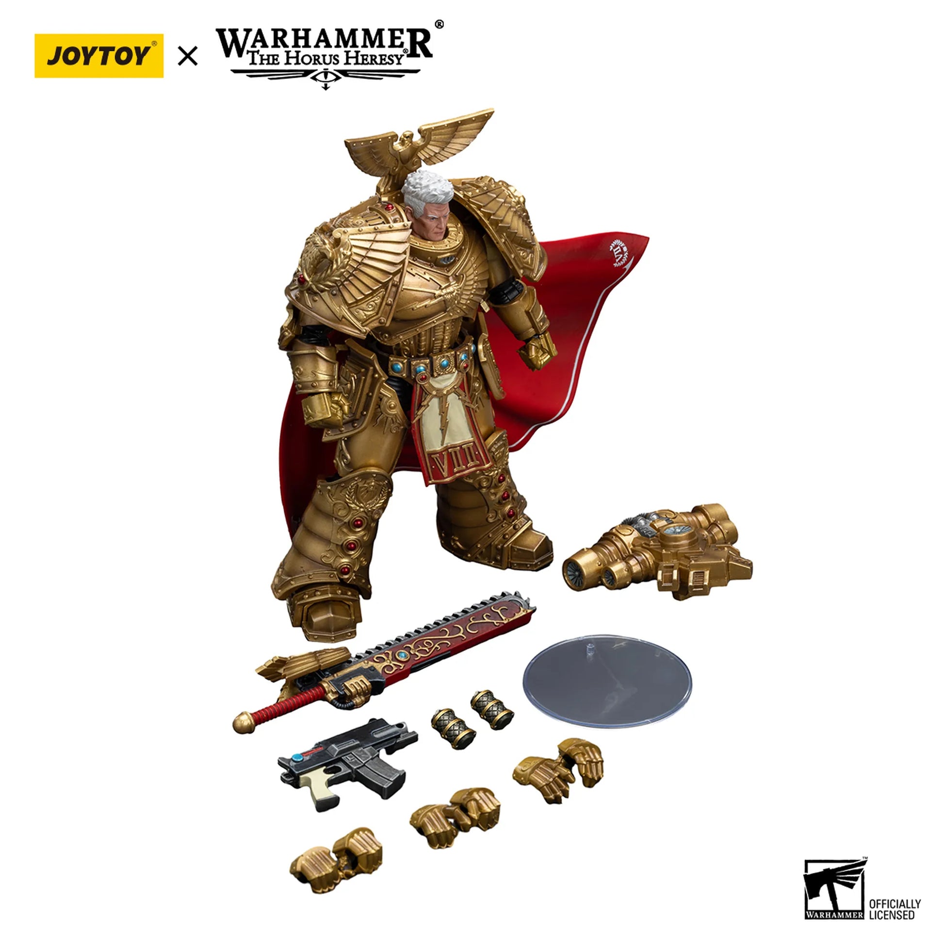 Warhammer figurine with accessories on a white background, featuring Joytoy and Warhammer logos.