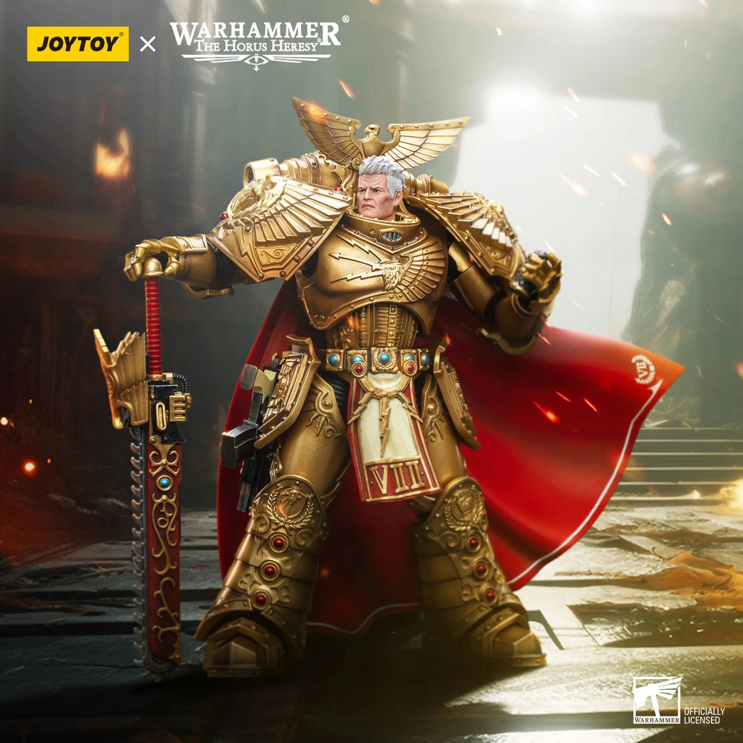 Warhammer figurine with gold armor and red cape holding a sword, branded with JoyToy and Warhammer.