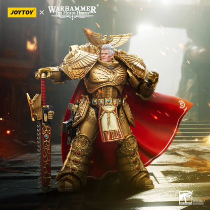 Warhammer figurine with gold armor and red cape holding a sword, branded with JoyToy and Warhammer.