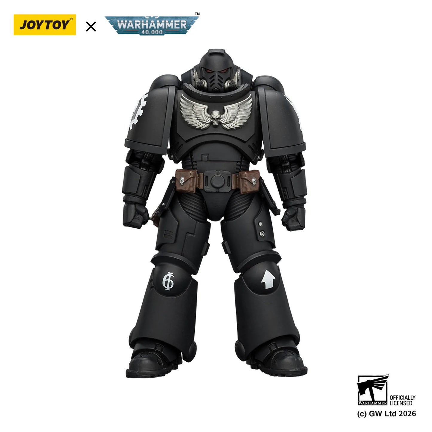 Black action figure with detailed armor and emblem, branded with Joytoy and Warhammer on a white background.