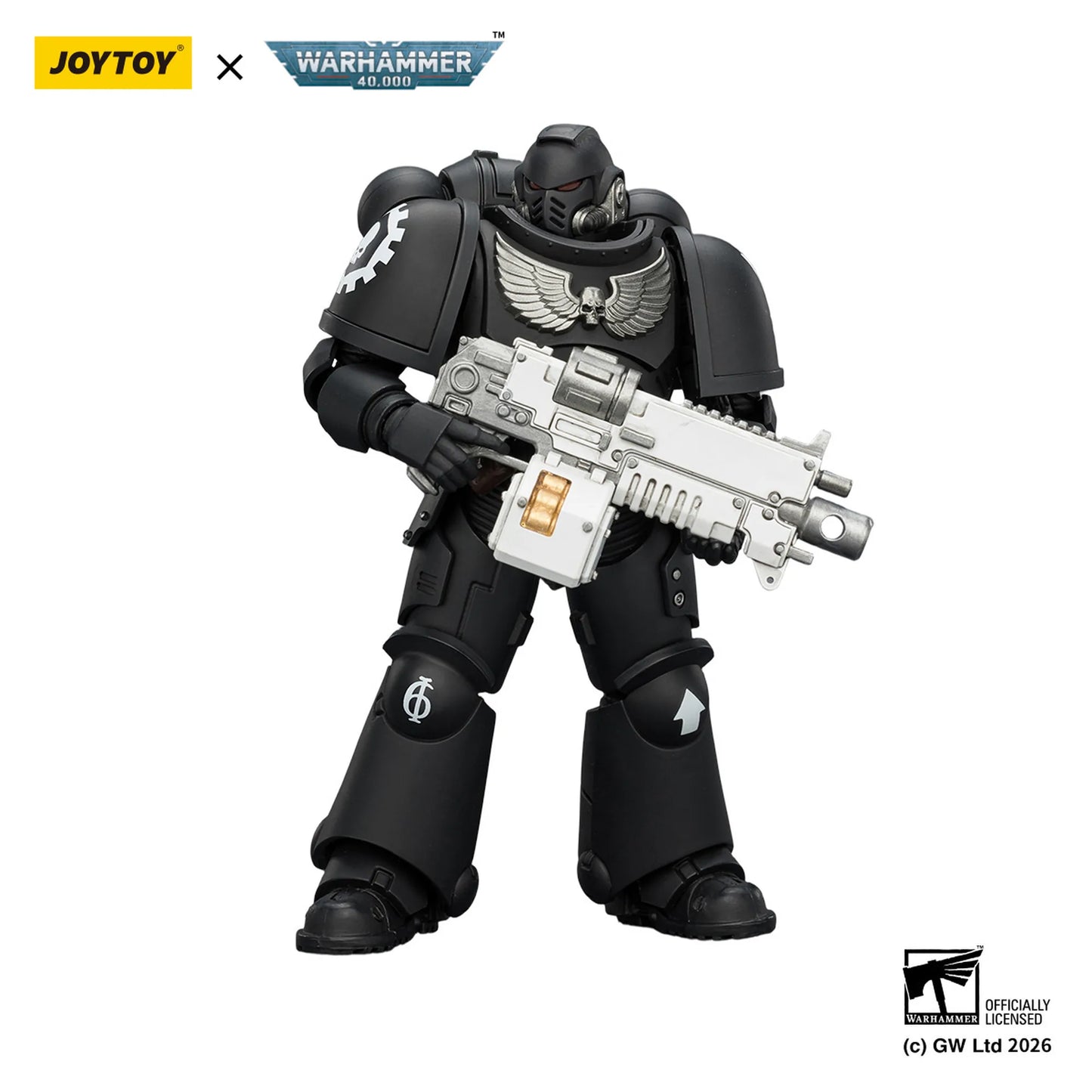 Toy figure with black armor and weapon, featuring Joytoy and Warhammer branding.