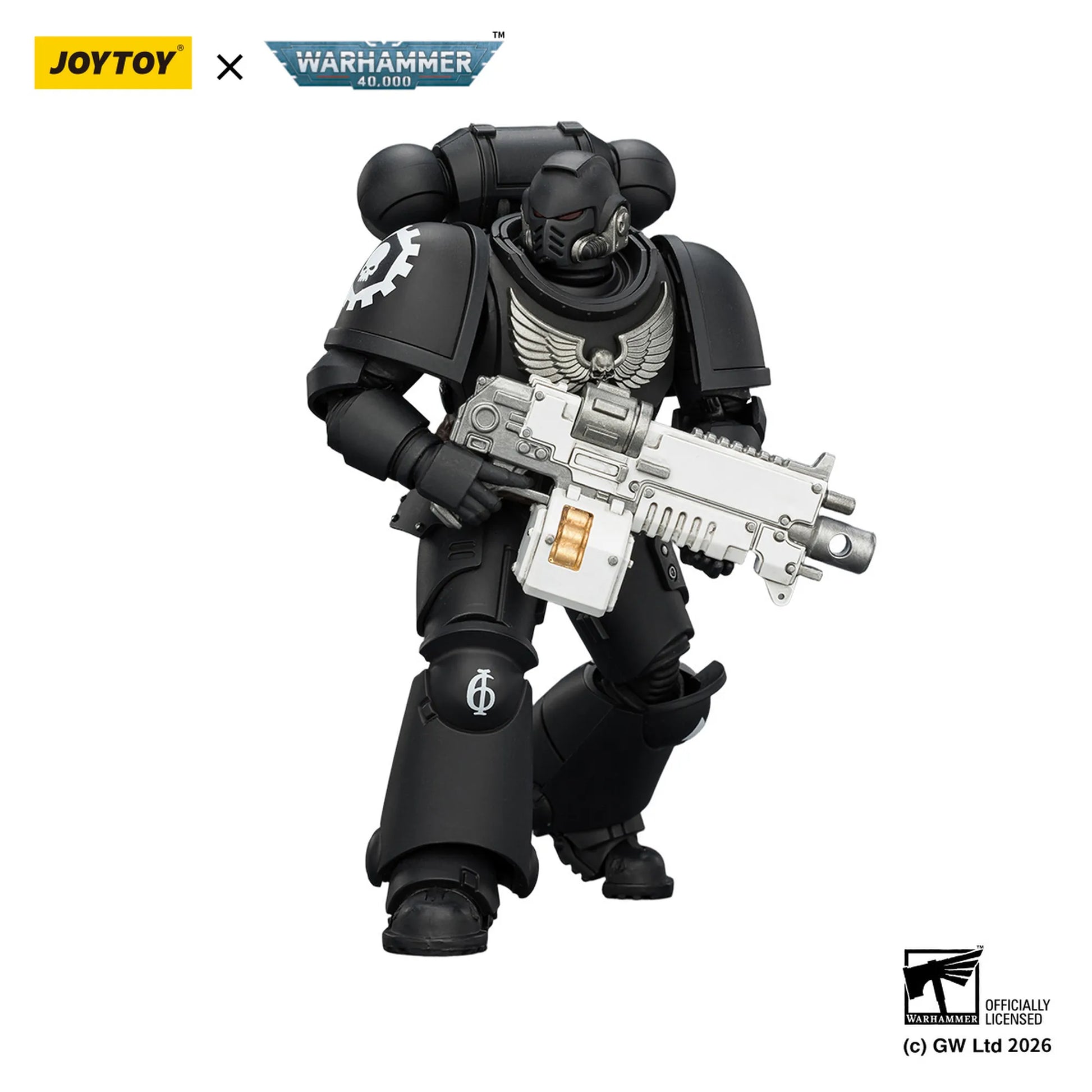 Toy figure with weapon, branded with Joytoy and Warhammer, on a white background