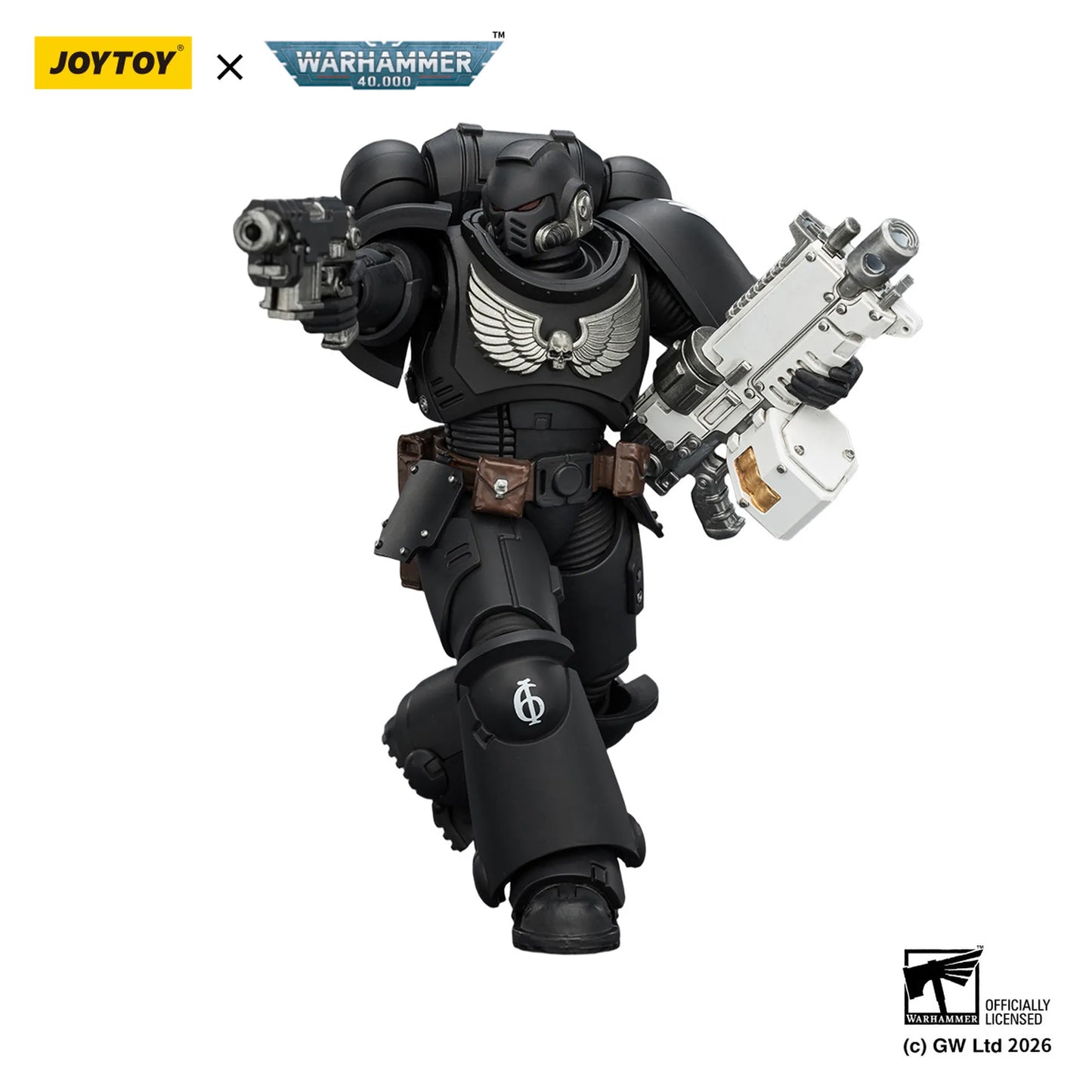 Toy figure with weapons and armor, branded with Joytoy and Warhammer, on a white background.