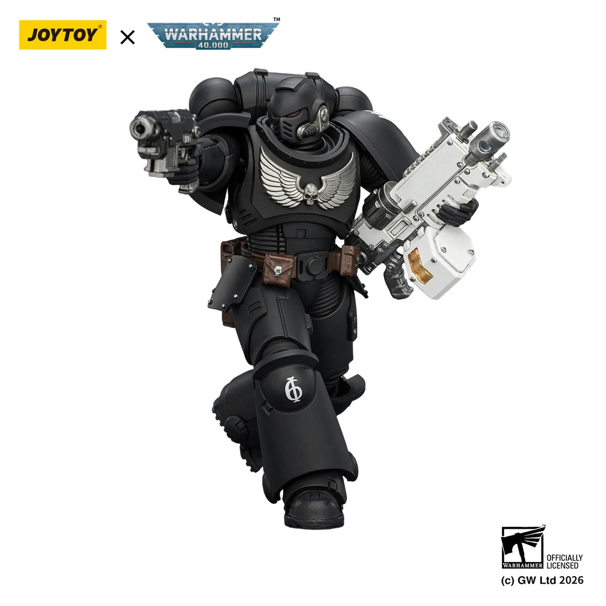 Toy figure with weapons and armor, branded with Joytoy and Warhammer, on a white background.