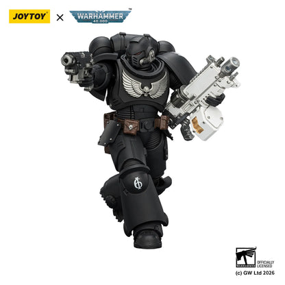 Toy figure with weapons and armor, branded with Joytoy and Warhammer, on a white background.