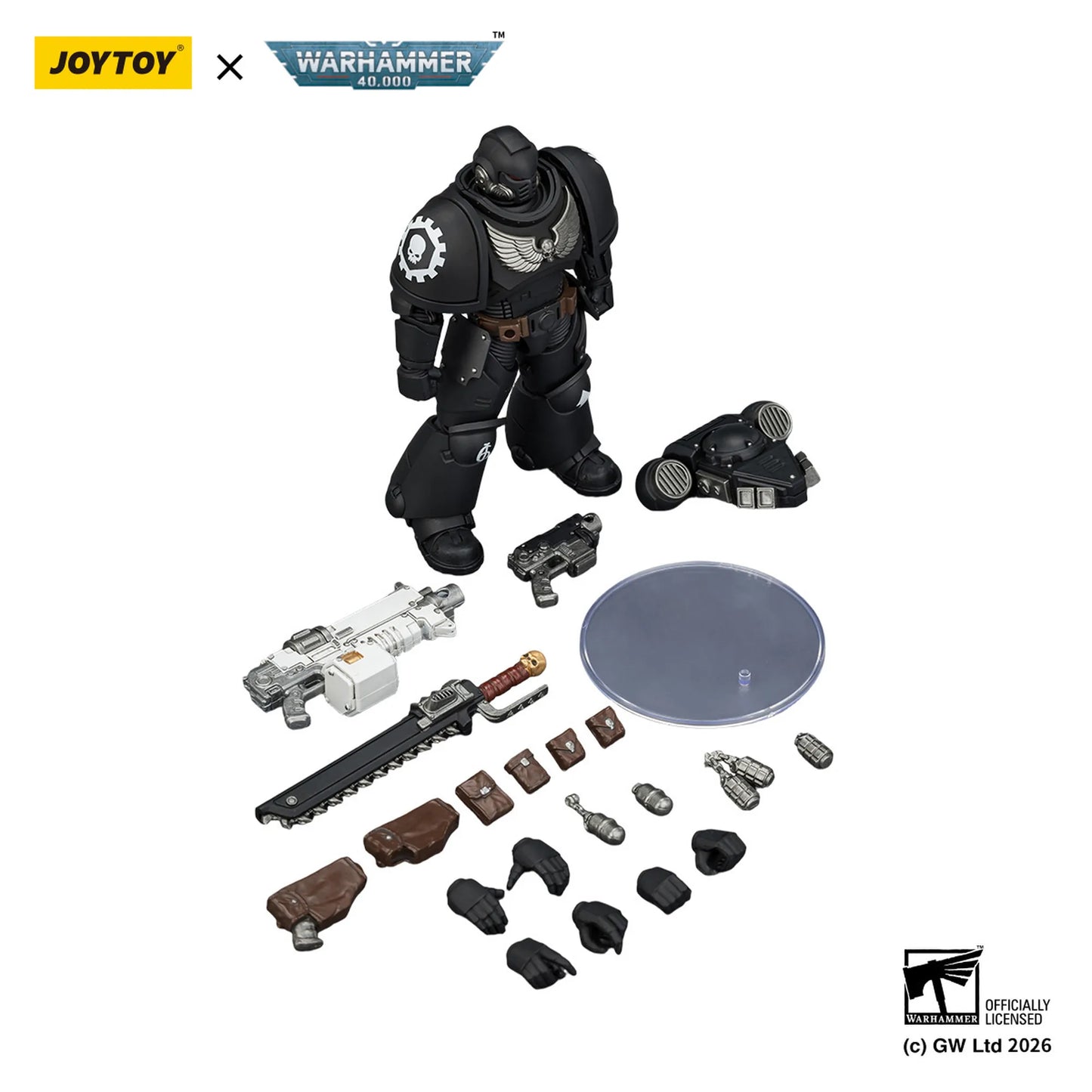 Toy figure with accessories on a white background, featuring Joytoy and Warhammer branding.
