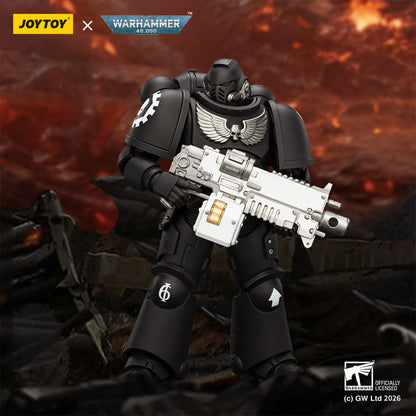 Toy figure with weapon in front of a fiery background, featuring Joytoy and Warhammer branding.