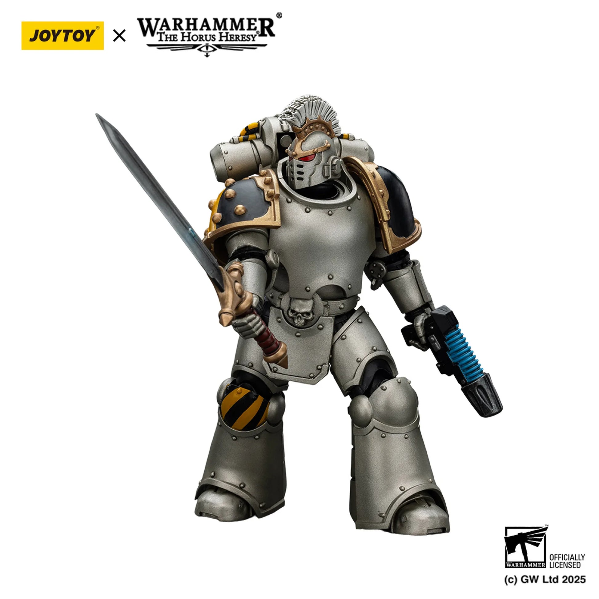 Warhammer figurine with armor and weapon on a white background, featuring JoyToy and Warhammer logos.