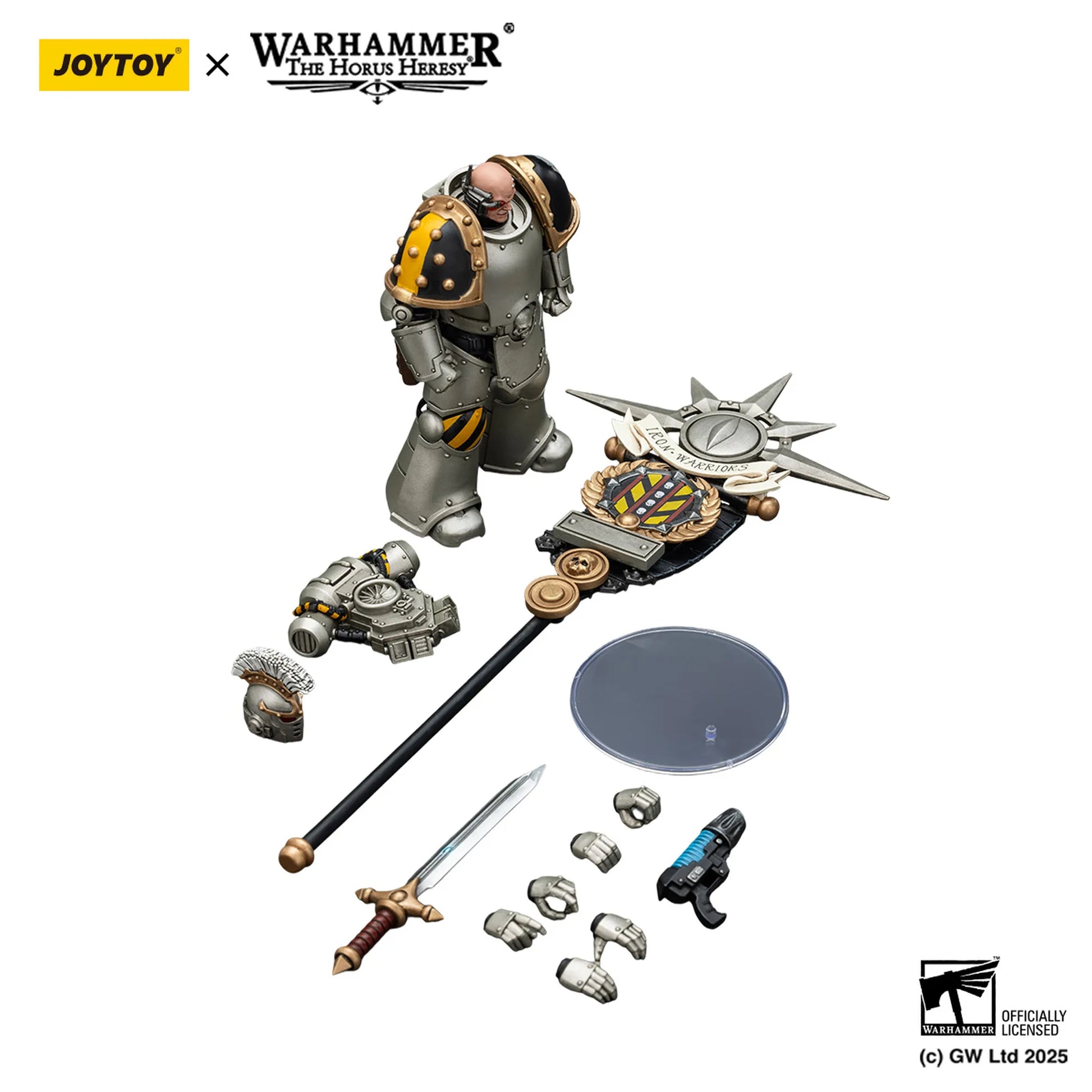 Toy figure set with accessories on a white background, featuring Joytoy and Warhammer branding.