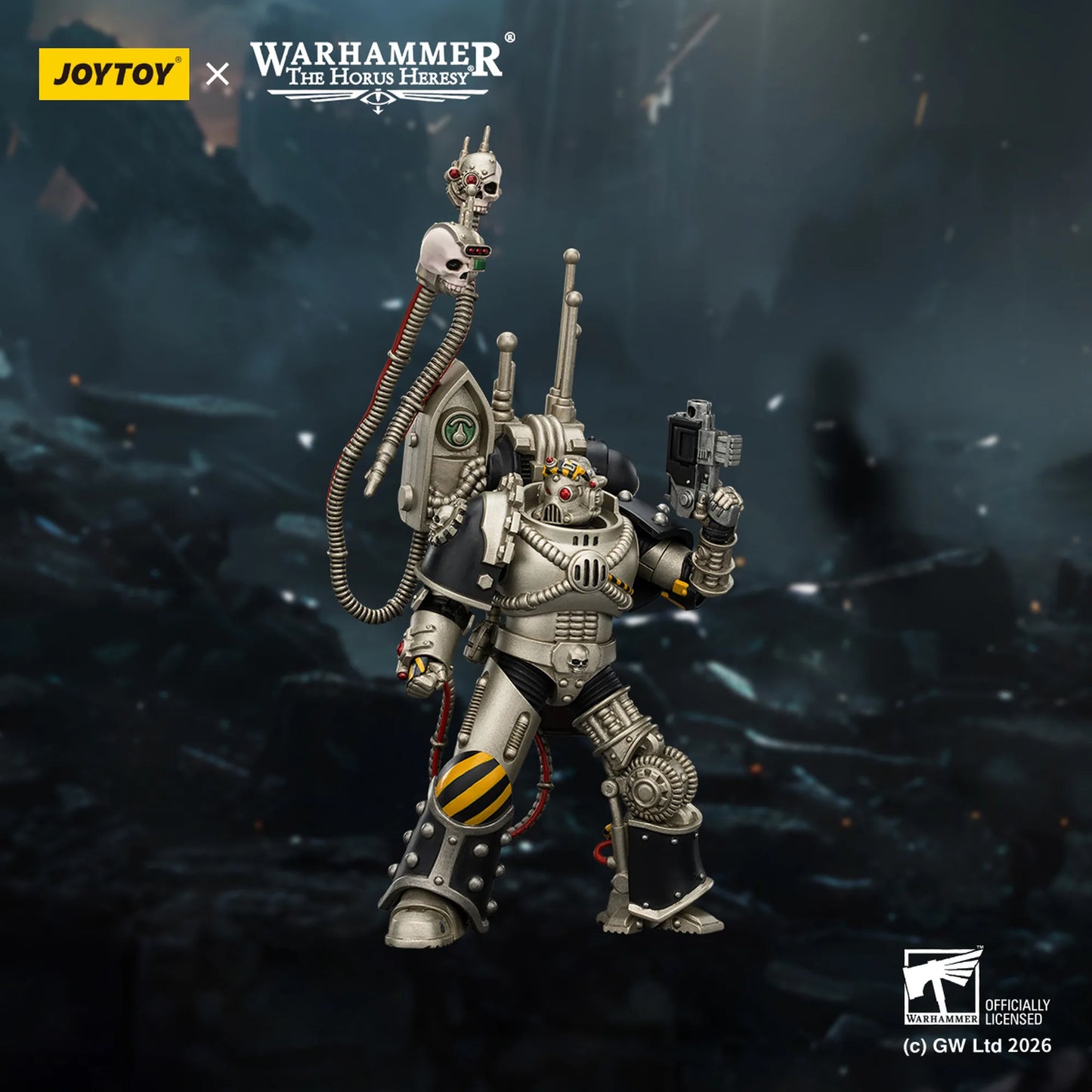 Toy figure of a character from 'The Horus Heresy' with JOYTOY branding on a dark, space-themed background.