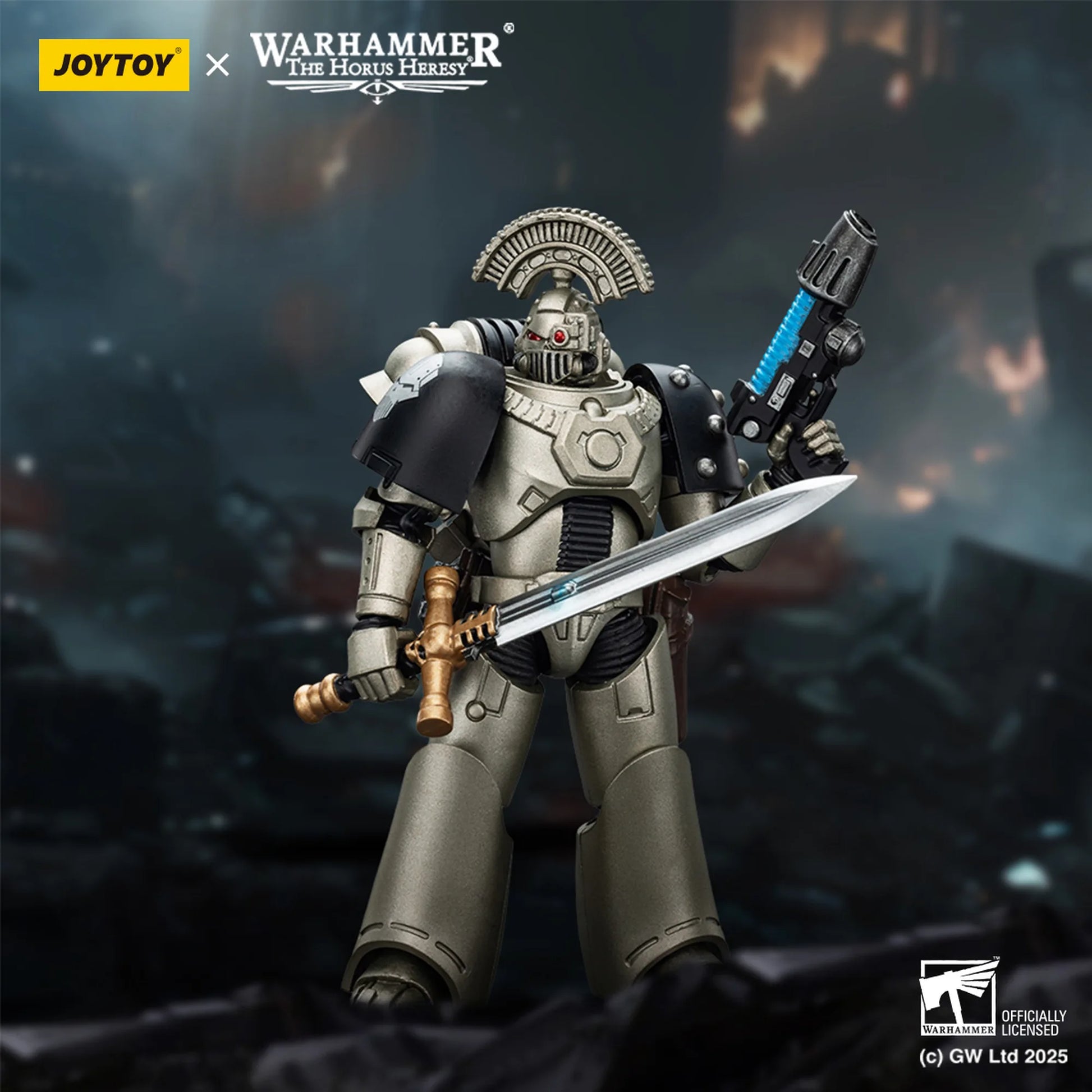 Toy figure of a warrior from 'Warhammer: The Horus Heresy' with JOYTOY branding on a dark background.