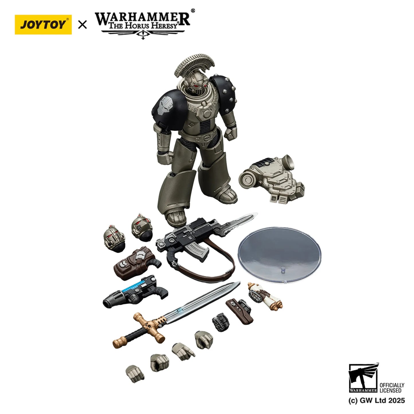 Toy figure set with accessories on a white background, featuring Joytoy and Warhammer branding.