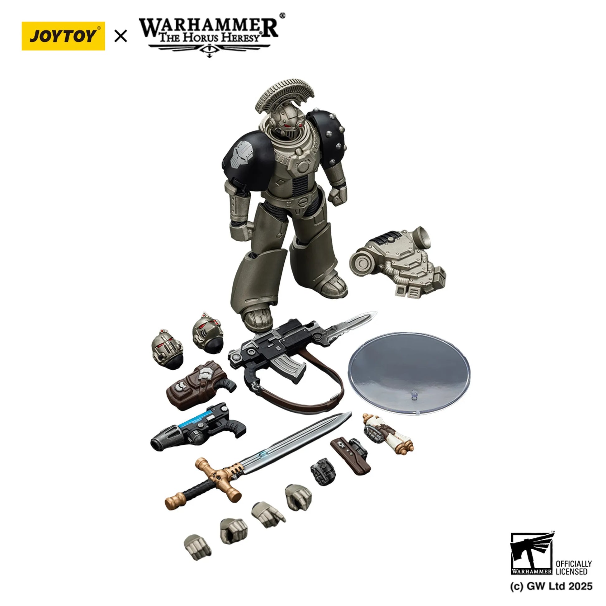 Toy figure set with accessories on a white background, featuring Joytoy and Warhammer branding.