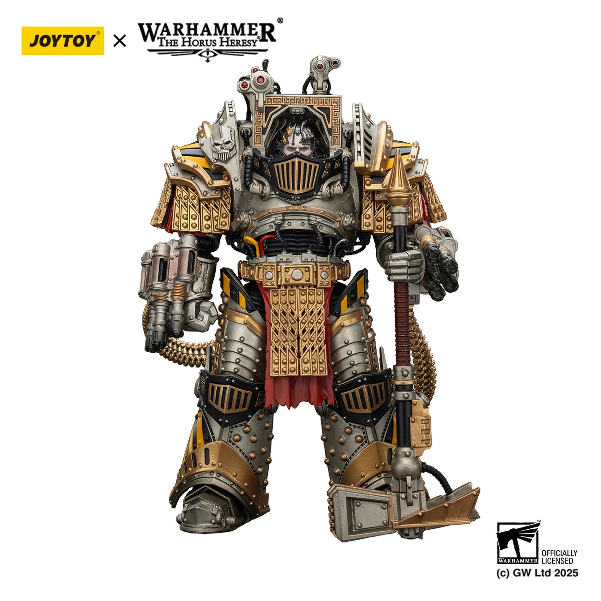 Toy figure of a warrior in ornate armor with Joytoy and Warhammer branding.