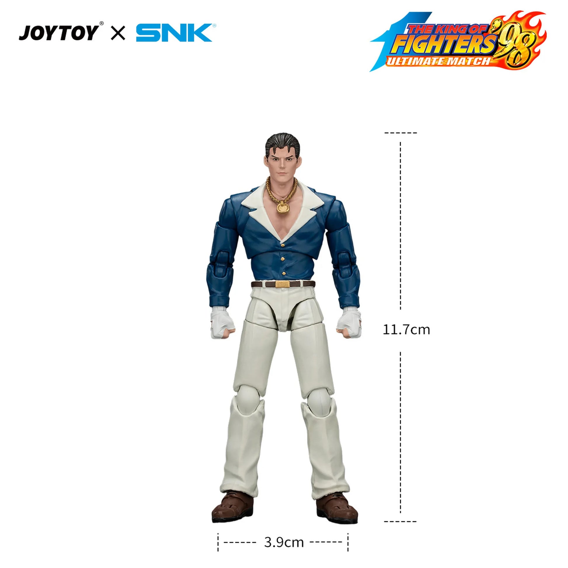 Action figure with dimensions labeled, featuring JOYTOY and SNK logos.
