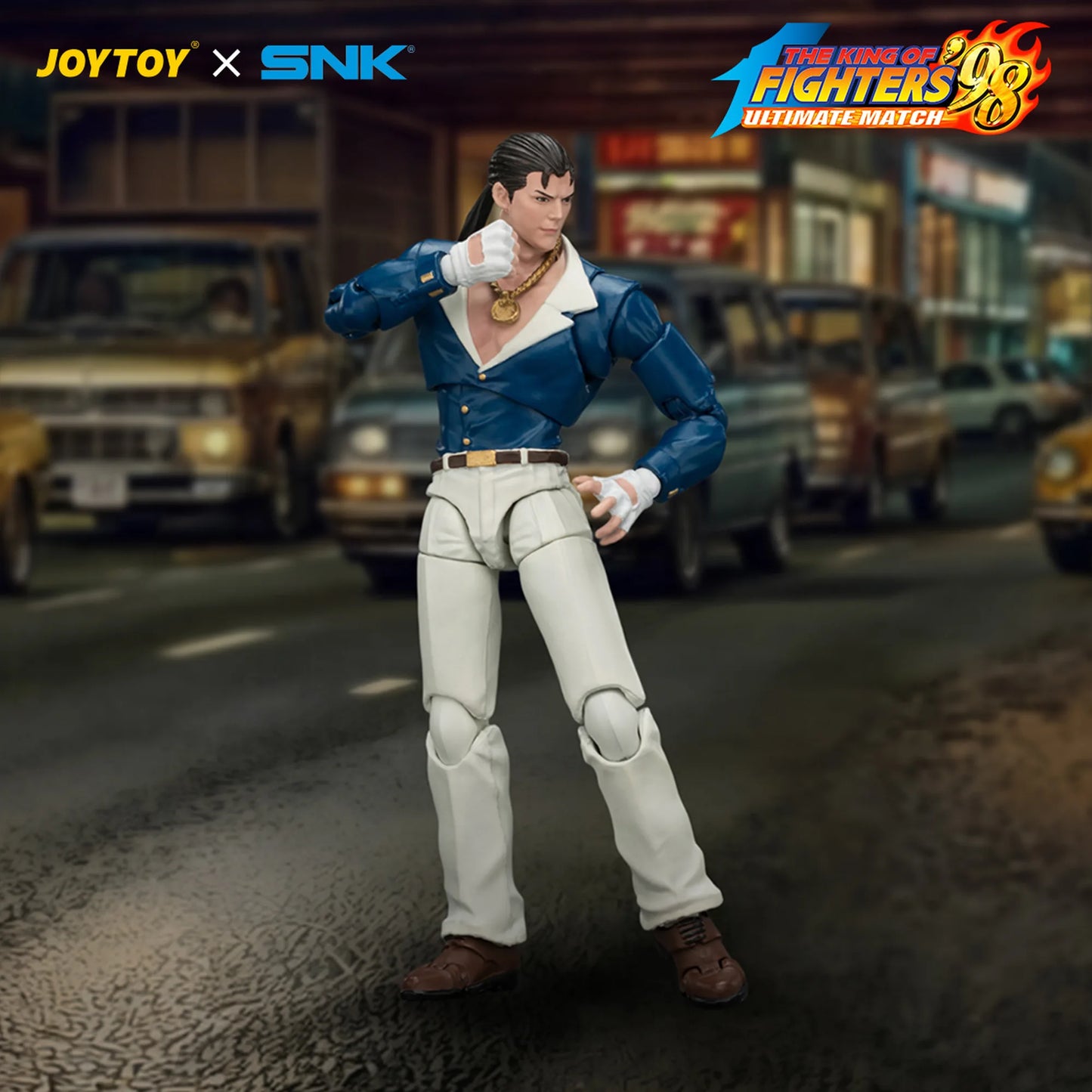 Action figure from 'The King of Fighters' series by JOYTOY x SNK on a street background.