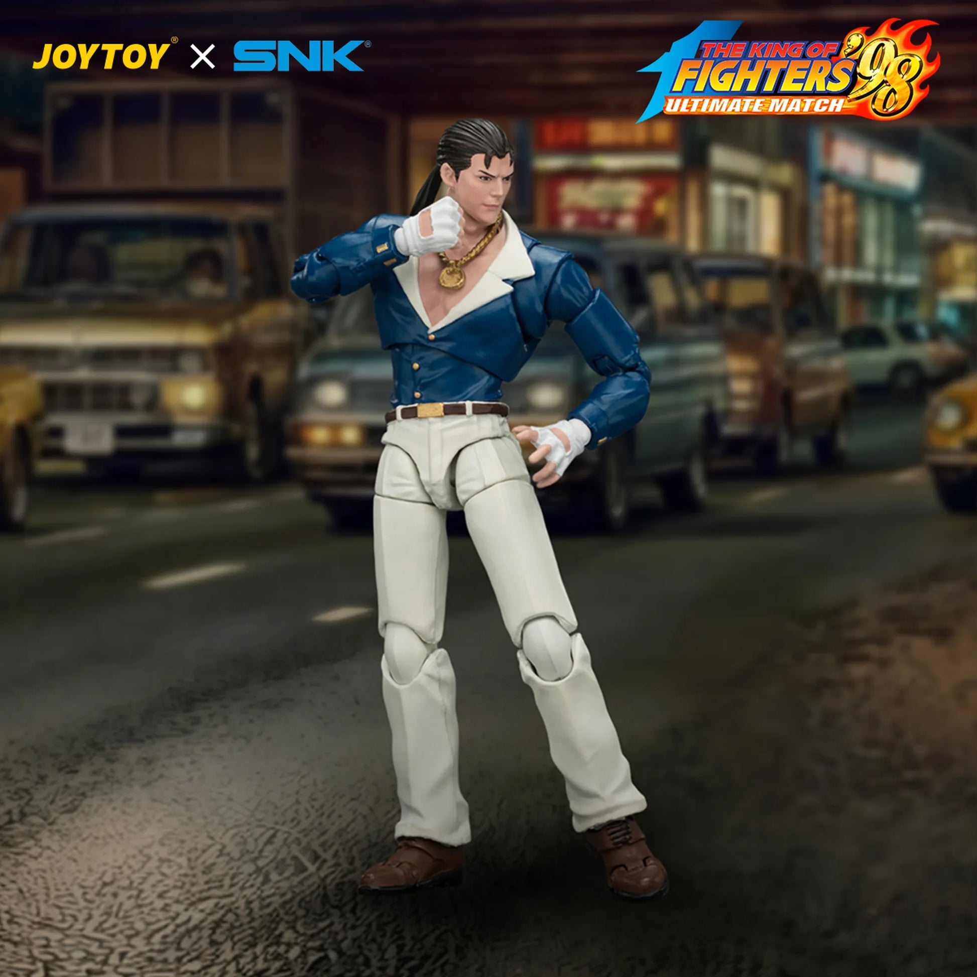 Action figure from 'The King of Fighters' series by JOYTOY x SNK on a street background.