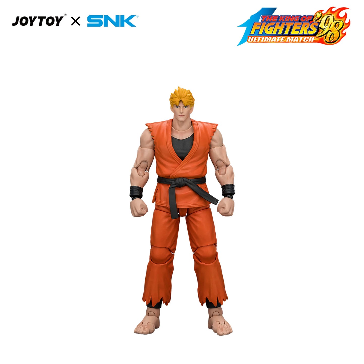 Action figure in orange outfit with 'JOYTOY' and 'SNK' logos above, 'The King of Fighters' logo below.