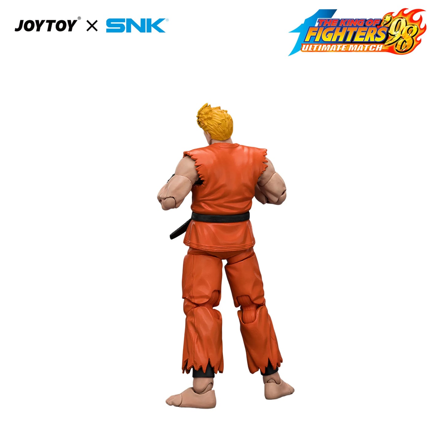 Action figure in orange outfit with 'JOYTOY' and 'SNK' logos above, on a white background.