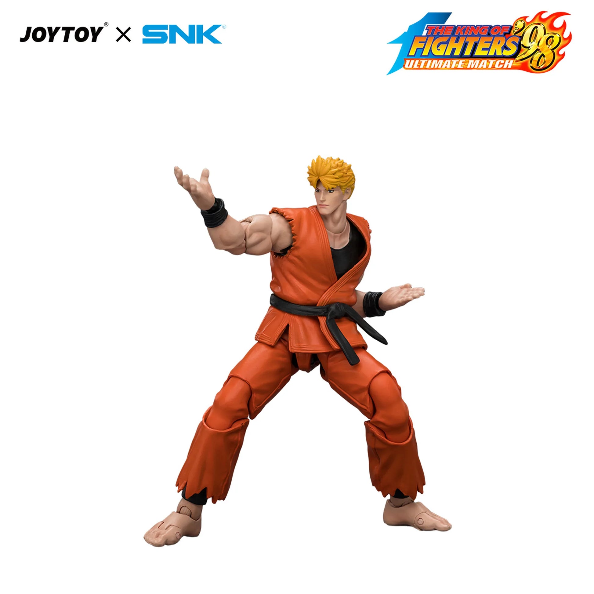 Action figure in orange outfit with 'JOYTOY' and 'SNK' branding on a white background