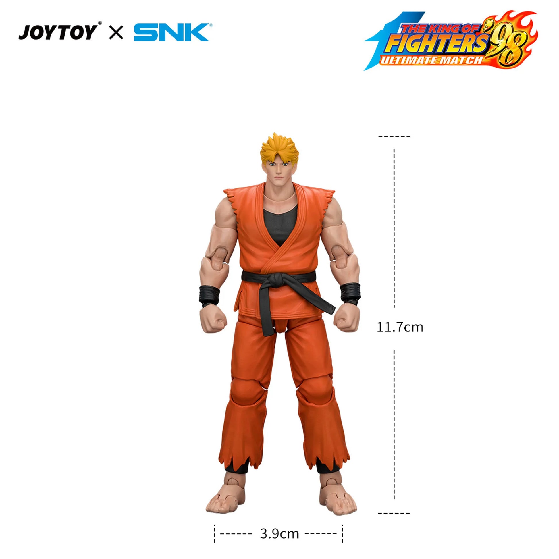 Action figure with measurements and branding on a white background