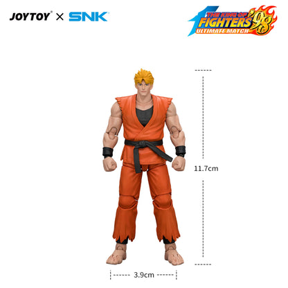 Action figure with measurements and branding on a white background