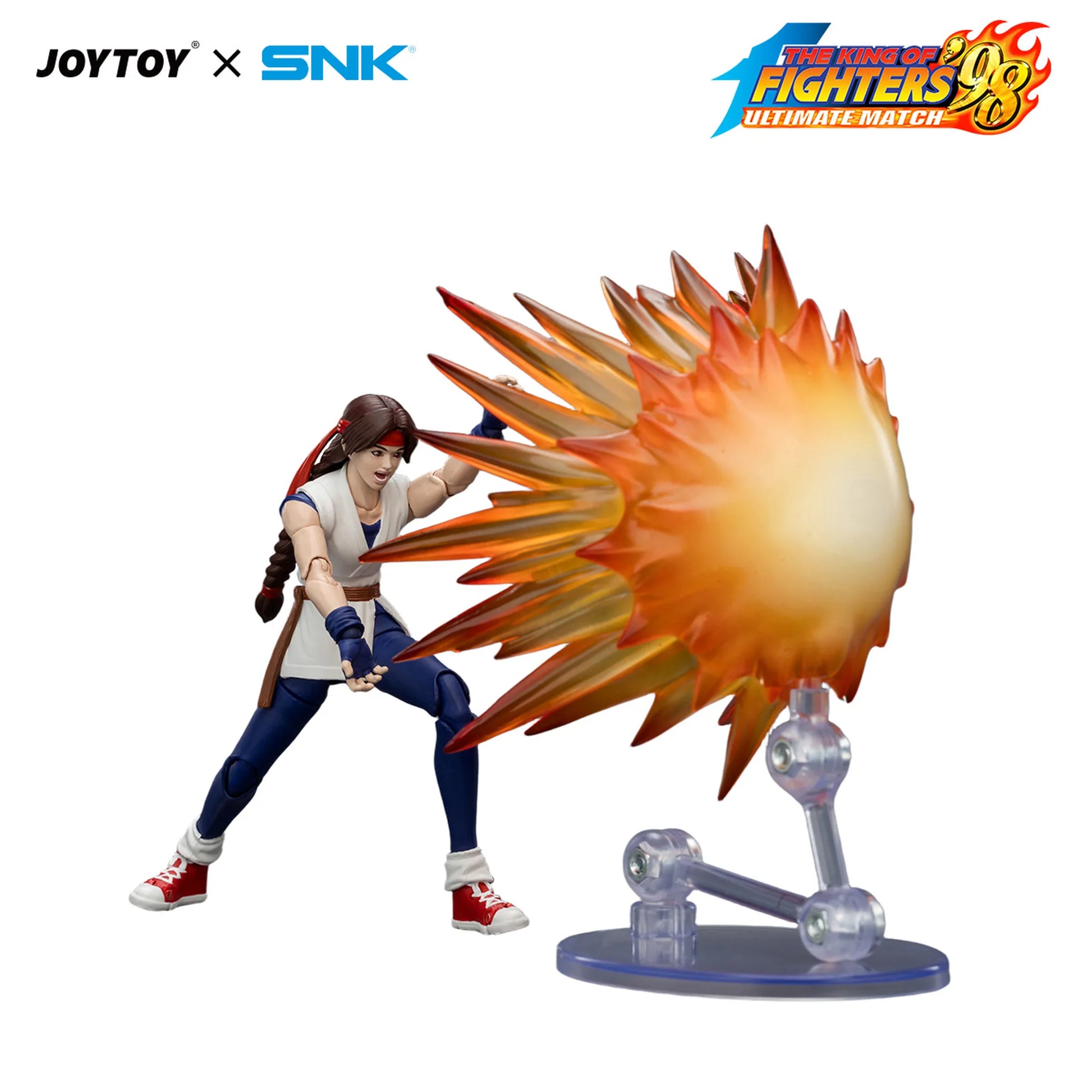 Action figure with a fiery weapon, featuring JOYTOY and SNK logos, on a white background.