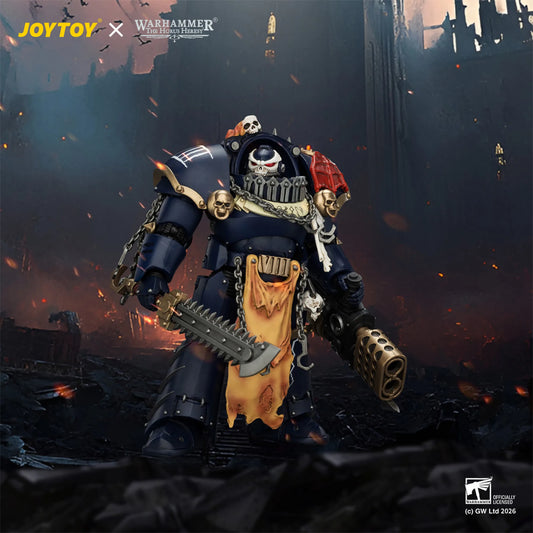 Toy figure of a warrior in dark, detailed armor with JOYTOY and Warhammer branding.