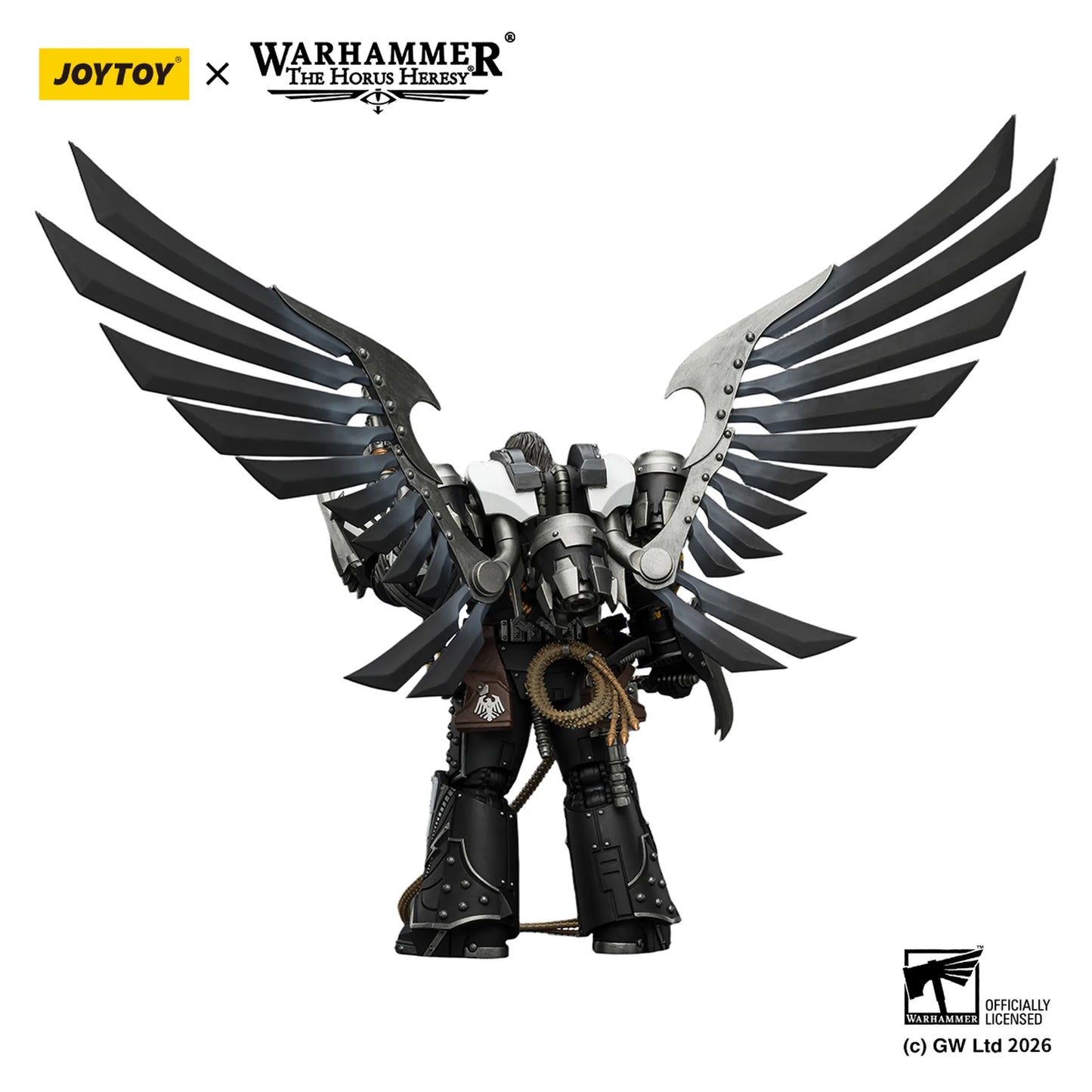 Toy figure with wings and mechanical design, featuring Joytoy and Warhammer branding.