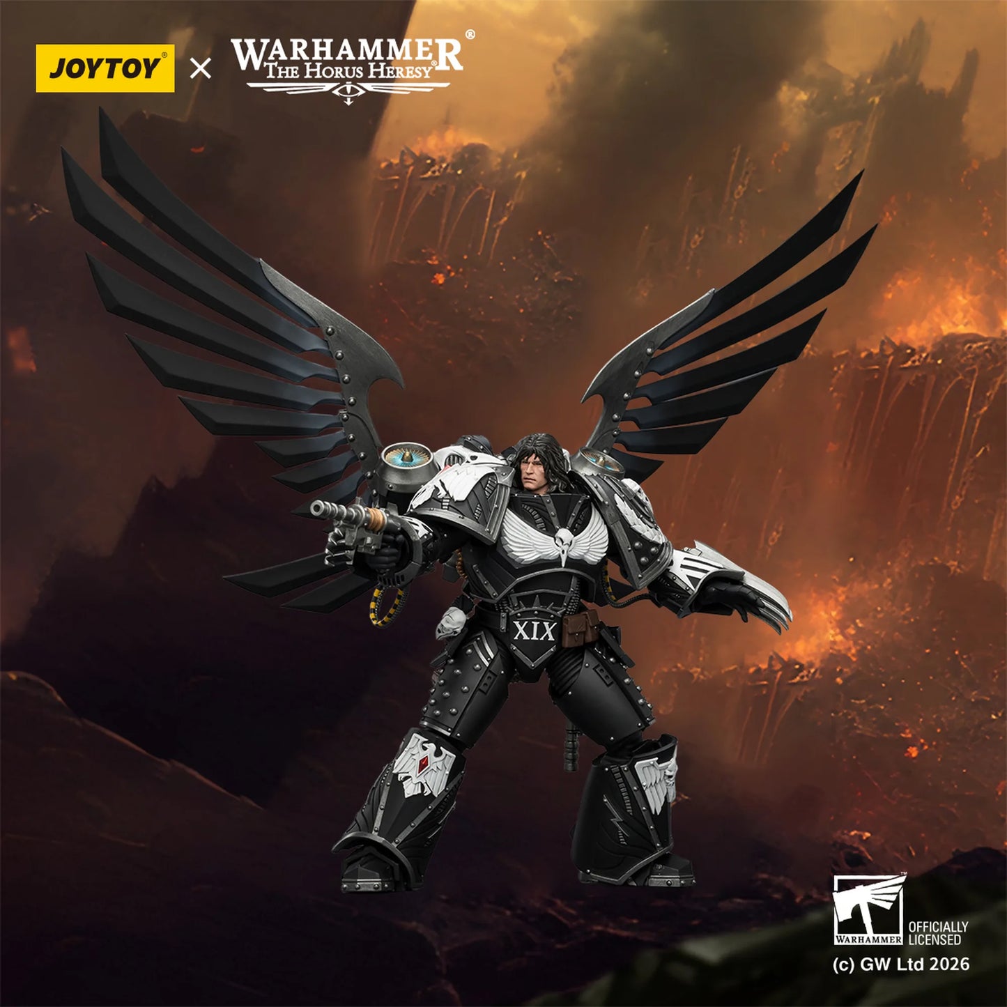 Toy figure of a warrior with wings in a dramatic setting, featuring Joytoy and Warhammer branding.