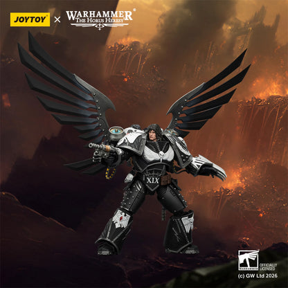 Toy figure of a warrior with wings in a dramatic setting, featuring Joytoy and Warhammer branding.