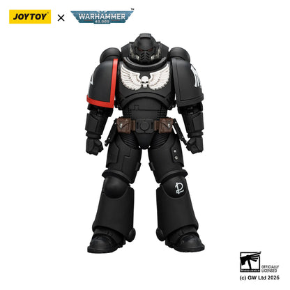 Toy figure in black armor with red accents, featuring Joytoy and Warhammer branding.
