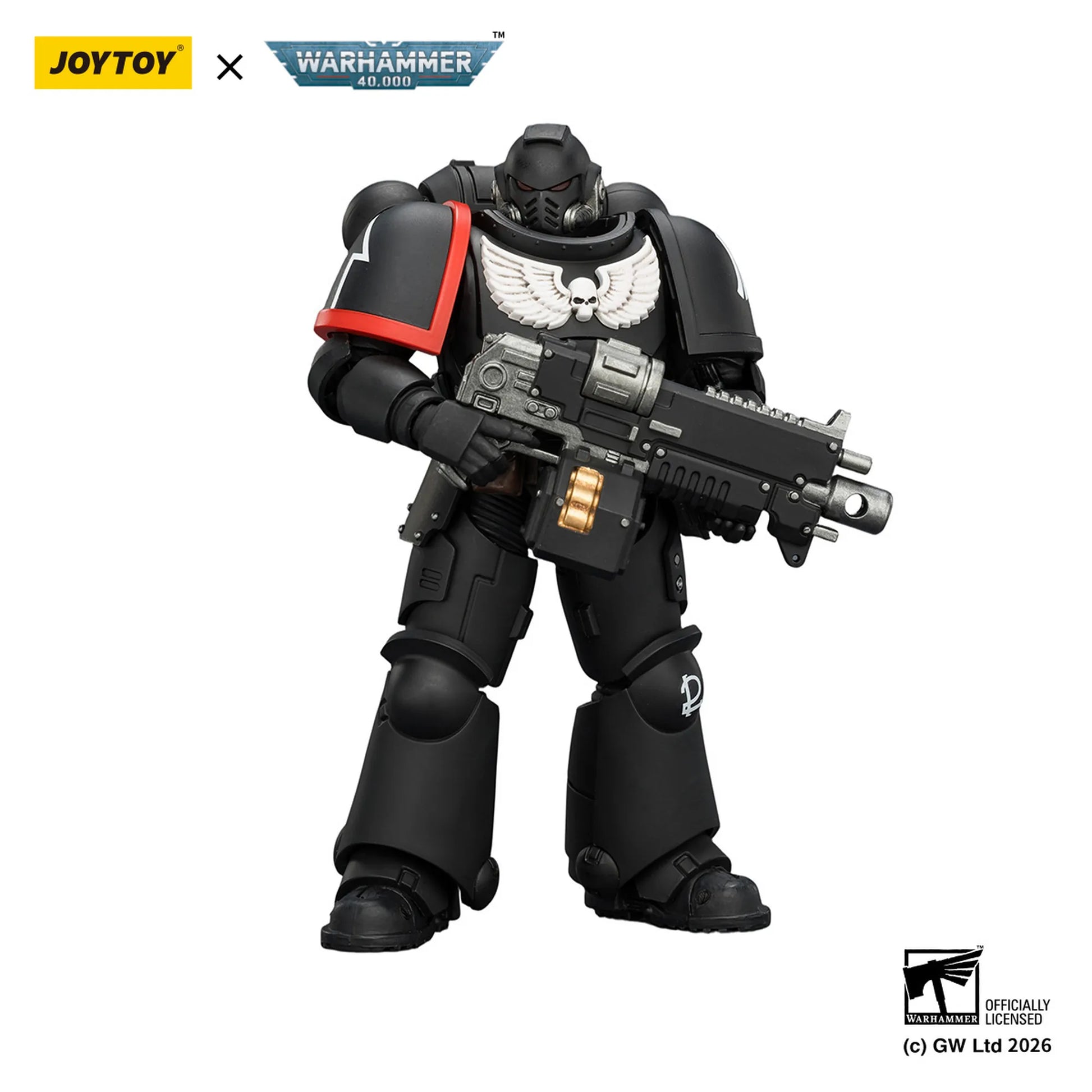 Toy figure with weapon, branded with Joytoy and Warhammer, on a white background