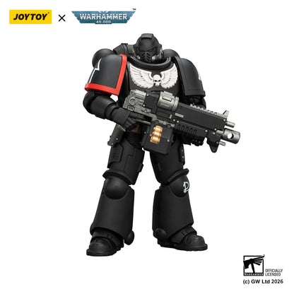 Toy figure with weapon, branded with Joytoy and Warhammer, on a white background