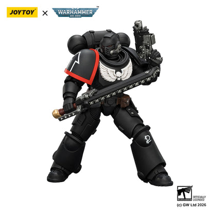Toy figure with black and red armor, holding a weapon, on a white background with Joytoy and Warhammer branding.