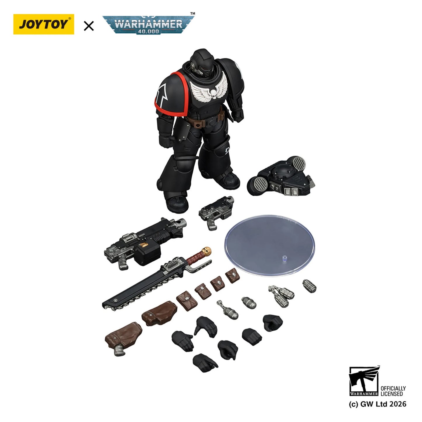 Toy figure with accessories on a white background, featuring Joytoy and Warhammer branding.