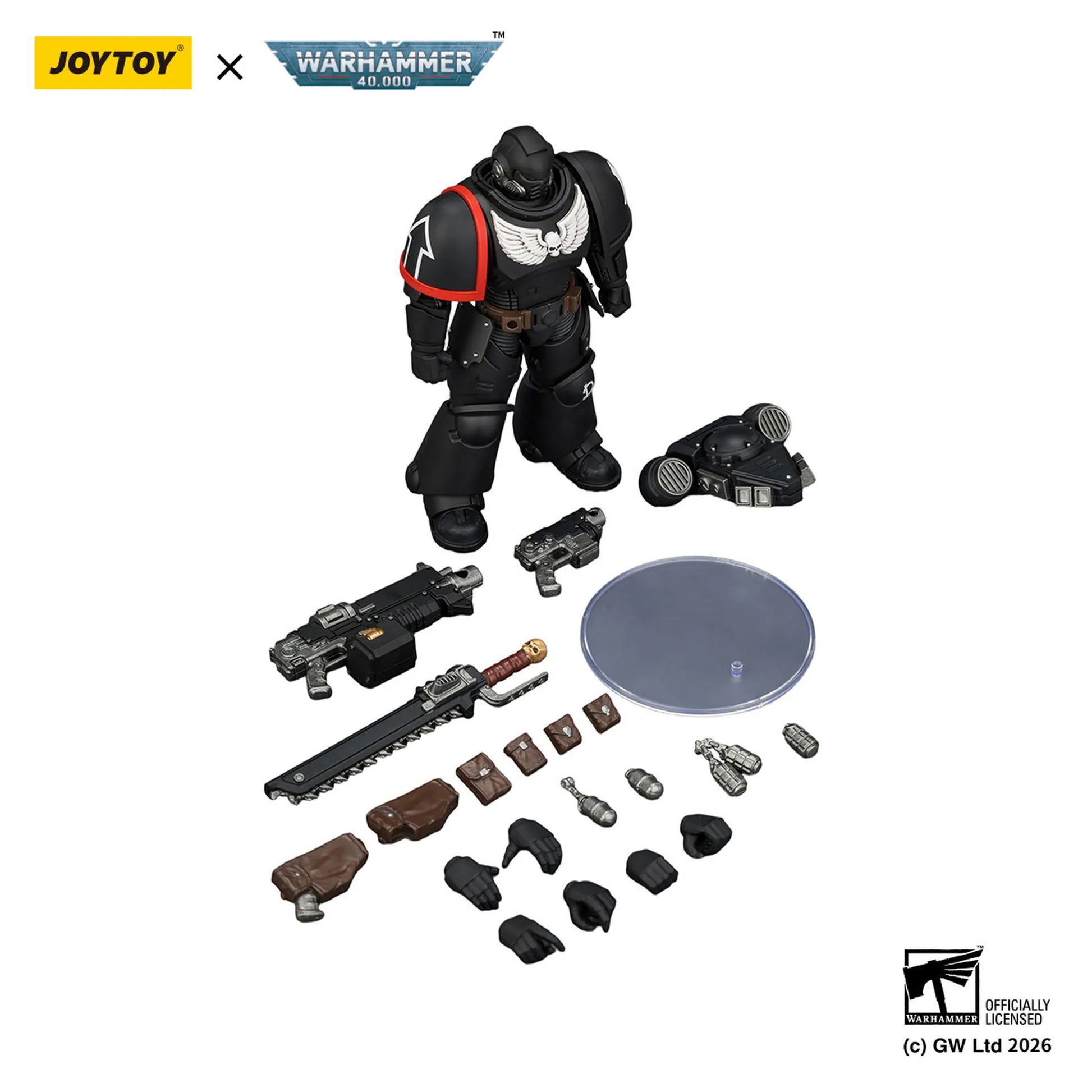 Toy figure with accessories on a white background, featuring Joytoy and Warhammer branding.