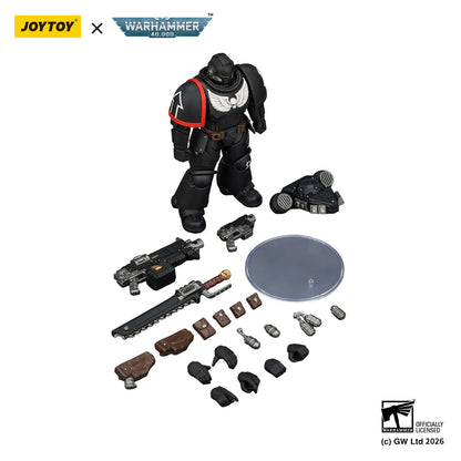Toy figure with accessories on a white background, featuring Joytoy and Warhammer branding.
