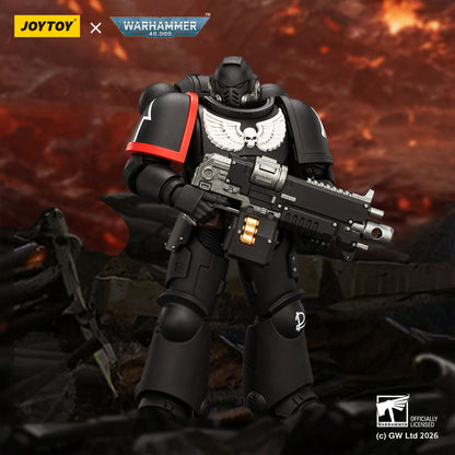 Toy figure of a warrior in black armor with a weapon, branded with Joytoy and Warhammer, against a fiery background.